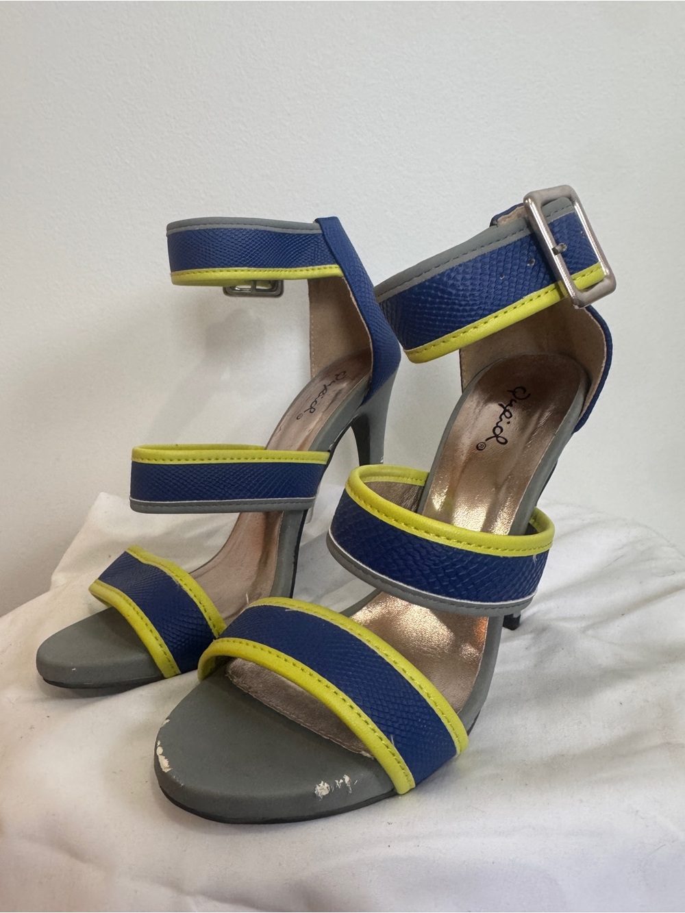 Qupid Colorblock Strappy Stiletto Platform Heels Cobalt Blue Neon Yellow Gray 7